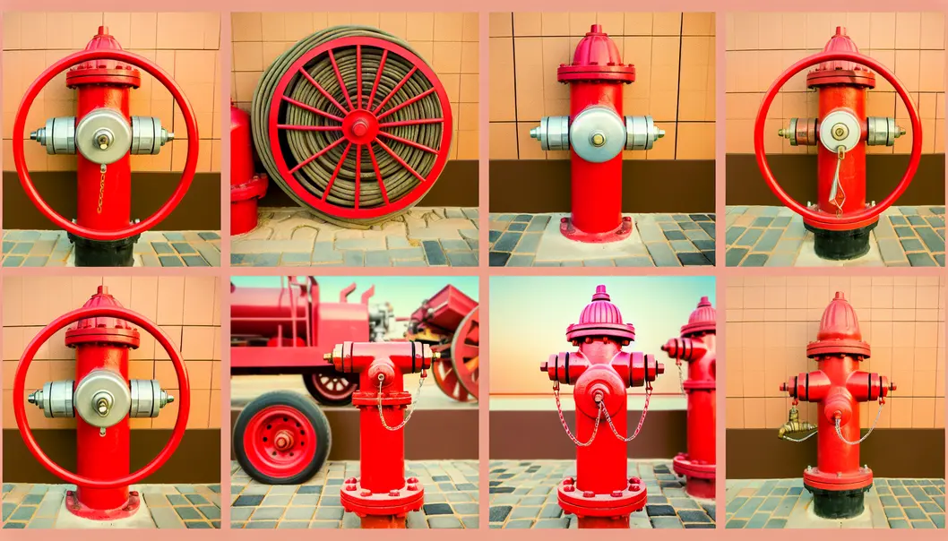 Hình ảnh trụ cứu hỏa, trụ tiếp nước và cuộn vòi chữa cháy trên nền công nghiệp.